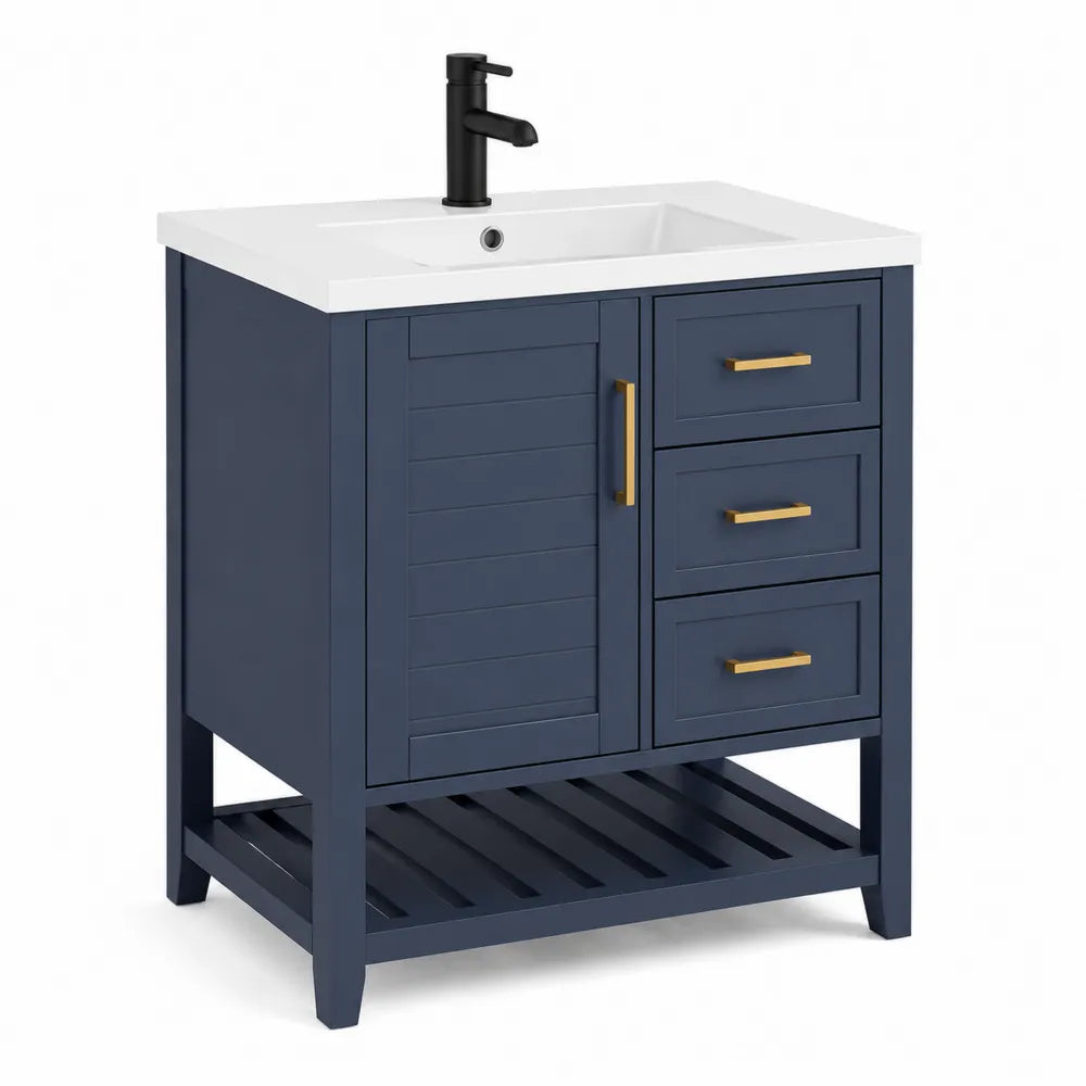 Waschtischunterschrank 80 x 46 x 80 cm mit Keramikwaschbecken MDF Blau rechteckig Goldgriffe Schwarz