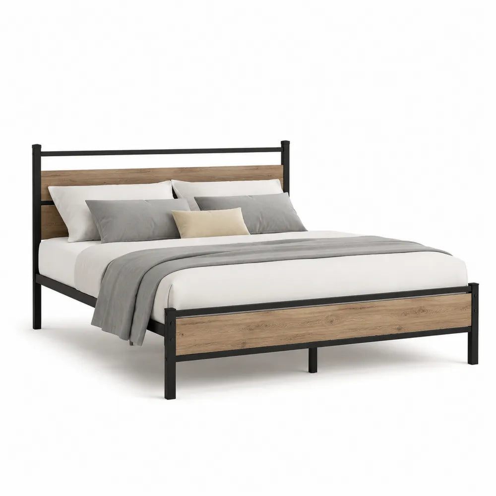 Metallbett Doppelbett 140 x 200 cm Stahlrahmen mit Holzoptik Kopfteil und Fußteil rechteckig Schwarz Eichenfarben