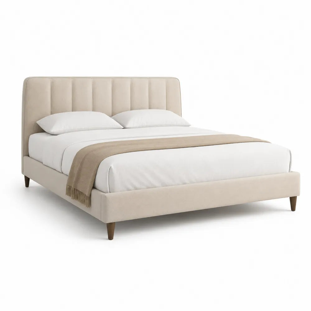 Polsterbett Doppelbett 180 cm x 200 cm Polyesterbezug gepolstertes Kopfteil Beige rechteckig Holzbeine