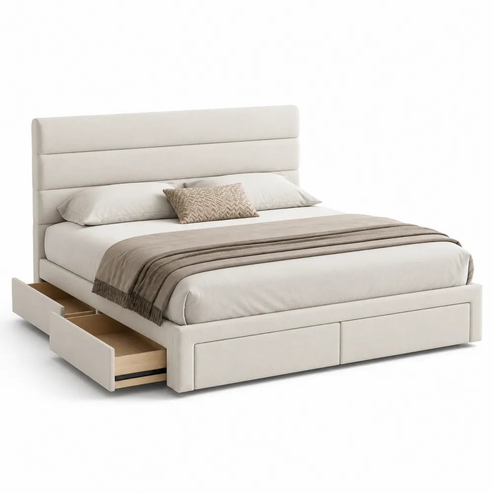 Polsterbett Stauraum Doppelbett 180 x 200 cm Holzwerkstoff mit Schubladen und Ablagefach gepolstertes Kopfteil rechteckig Cremeweiß Naturholzfarben