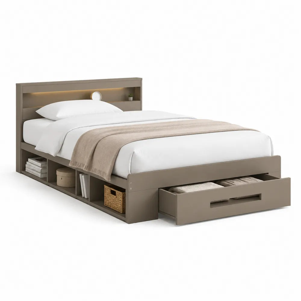 Stauraumbett Bettgestell mit Kopfteilregal und Schublade 140 cm 200 cm Holzwerkstoff Taupegrau Holzoptik rechteckig