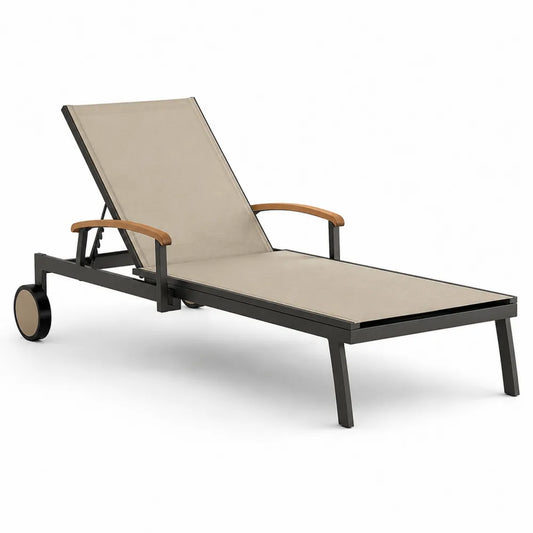 Gartenliege Sonnenliege mit Rollen Aluminiumgestell verstellbare Rückenlehne Holzarmlehnen Beige 200 cm Schwarz