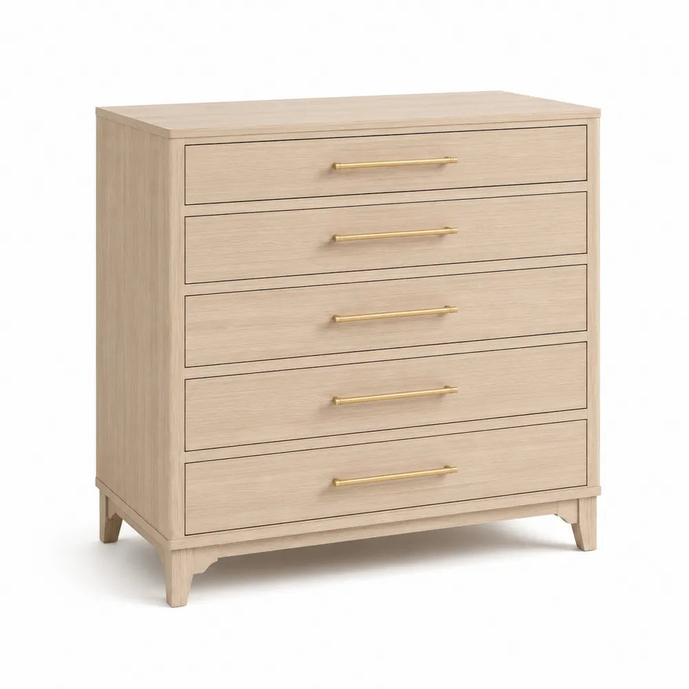Kommode mit 5 Schubladen 100 cm x 40 cm x 90 cm Holzwerkstoff Eiche hell rechteckig Goldgriffe