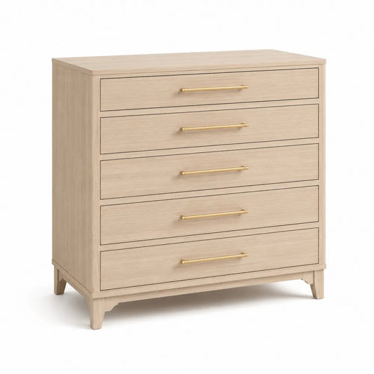 Kommode mit 5 Schubladen 100 cm x 40 cm x 90 cm Holzwerkstoff Eiche hell rechteckig Goldgriffe