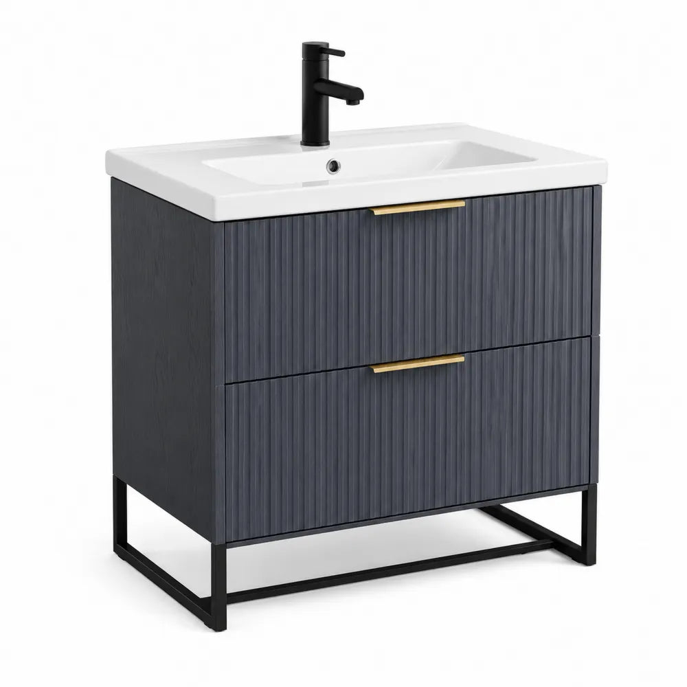 Waschtischunterschrank mit Waschbecken 60 cm x 45 cm x 85 cm MDF Holzwerkstoff Rillenfront Grau Weiß Metallgestell Schwarz Goldfarben
