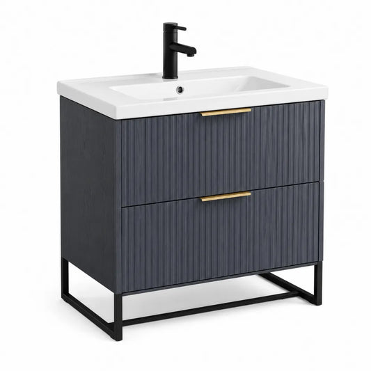 Waschtischunterschrank mit Waschbecken 60 cm x 45 cm x 85 cm MDF Holzwerkstoff Rillenfront Grau Weiß Metallgestell Schwarz Goldfarben