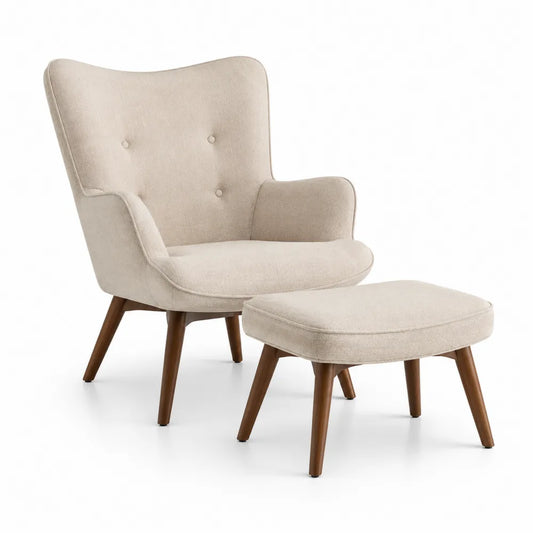 Ohrensessel mit Hocker 75 cm x 82 cm x 95 cm und 55 cm x 45 cm x 40 cm Polstersessel Polyester Leinen Mischgewebe Kautschukholz Cremebeige Braun rechteckig
