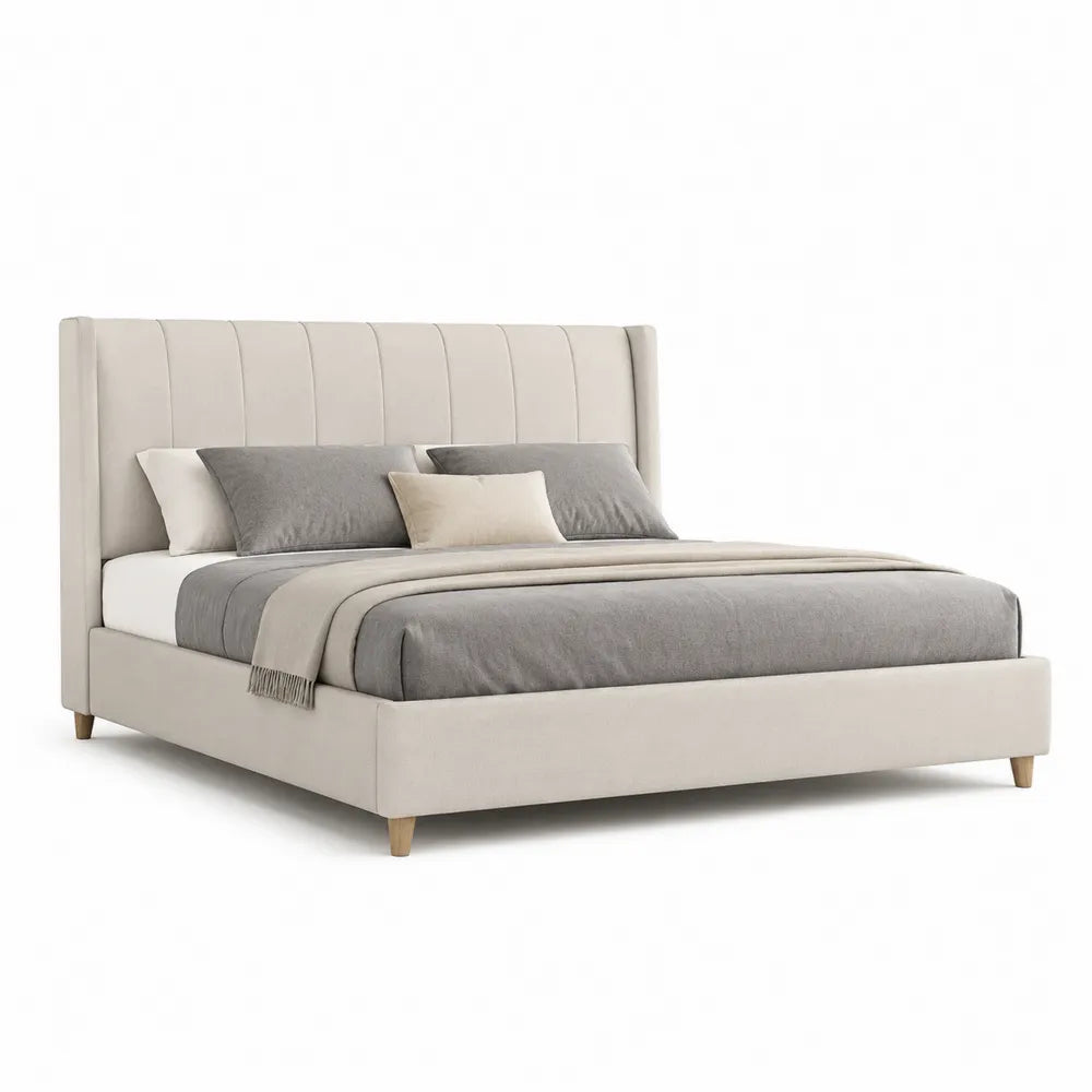 Polsterbett 180 cm 200 cm mit vertikal gesteppter Rückenlehne Polyester MDF Spanplatte Beige Holzbeine rechteckig