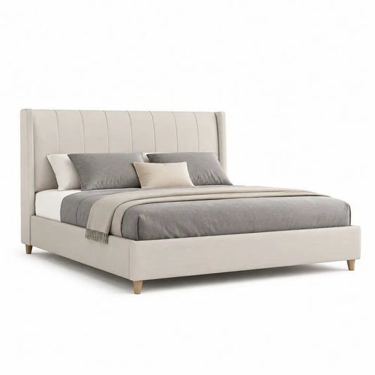 Polsterbett 180 cm 200 cm mit vertikal gesteppter Rückenlehne Polyester MDF Spanplatte Beige Holzbeine rechteckig
