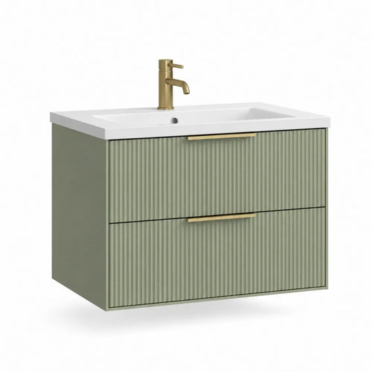 Waschtischunterschrank 80 x 46 x 60 cm mit Keramikbecken MDF Grün geriffelte Front Goldgriffe rechteckig