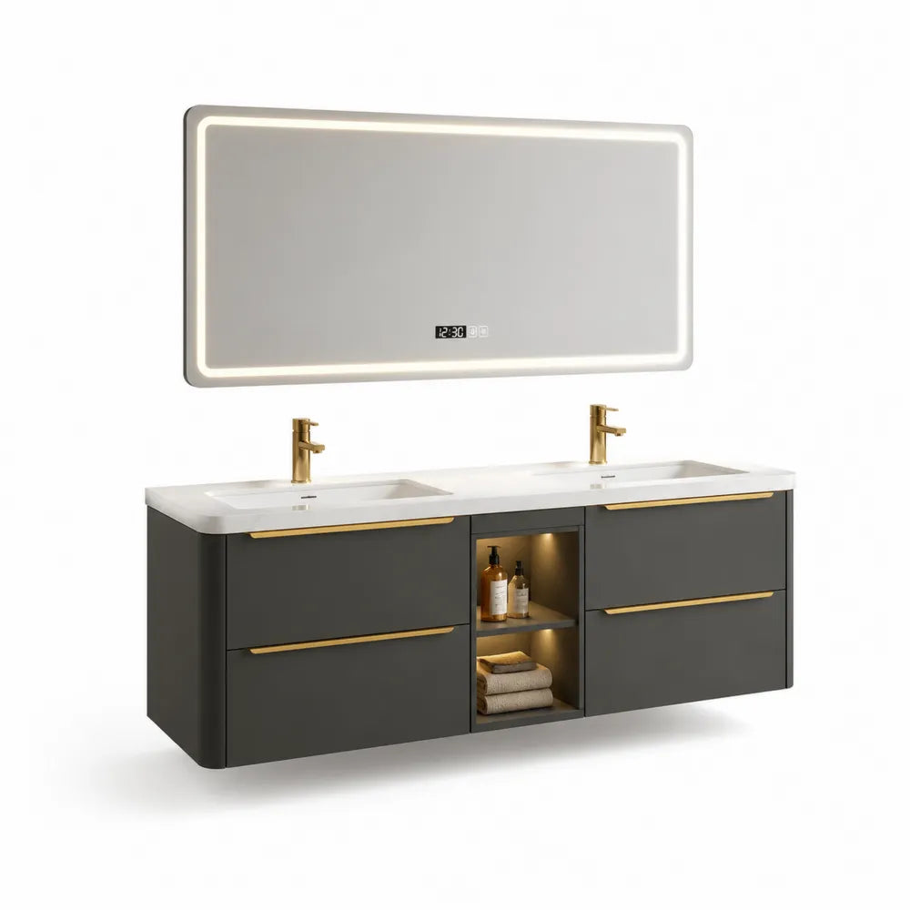 Doppelwaschtisch Badezimmermöbel Set 120 cm x 45 cm x 50 cm MDF Holzwerkstoff Keramik Doppelbecken LED Spiegel Grau Weiß Goldfarben rechteckig
