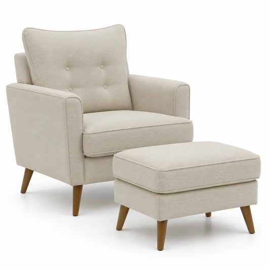 Sessel mit Hocker 2 teilig 78 x 82 x 95 cm Polyesterbezug Holzbeine rechteckig Cremebeige Braun