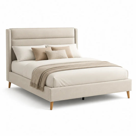 Polsterbett Doppelbett 180 x 200 cm mit vertikal gestepptem Kopfteil Polyester Beige Holzbeine rechteckig