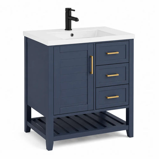 Waschtischunterschrank 80 x 46 x 80 cm mit Keramikwaschbecken MDF Blau rechteckig Goldgriffe Schwarz
