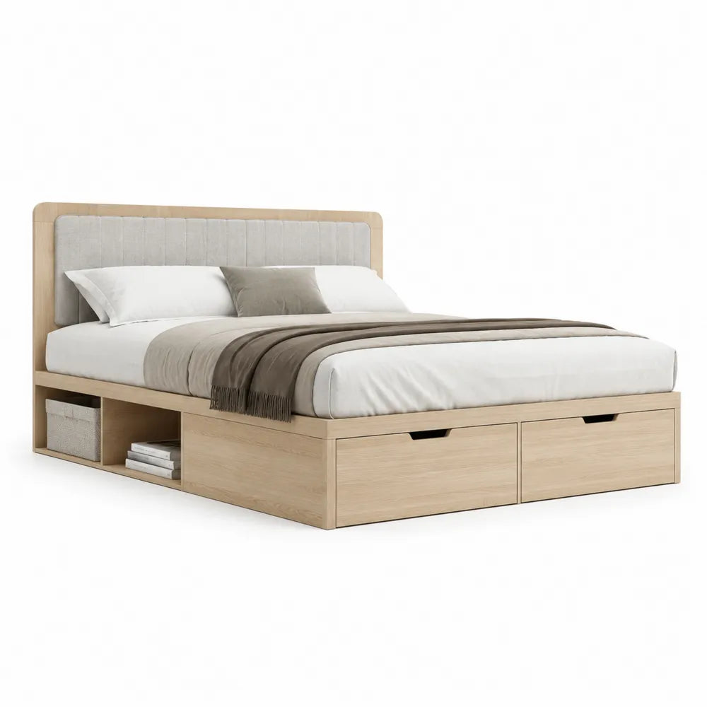 Stauraumbett Doppelbett 180 x 200 cm Holzwerkstoff mit gepolstertem Kopfteil und Schubladen rechteckig Eichenfarben Hellgrau