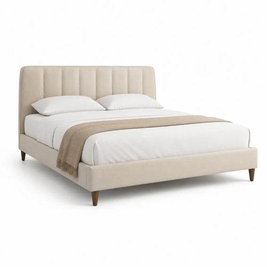 Polsterbett Doppelbett 180 cm x 200 cm Polyesterbezug gepolstertes Kopfteil Beige rechteckig Holzbeine
